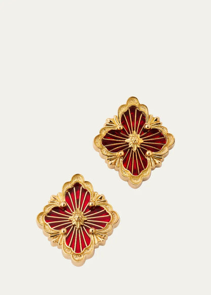 Opera Tulle  Gold and Red Enamel Button Earrings