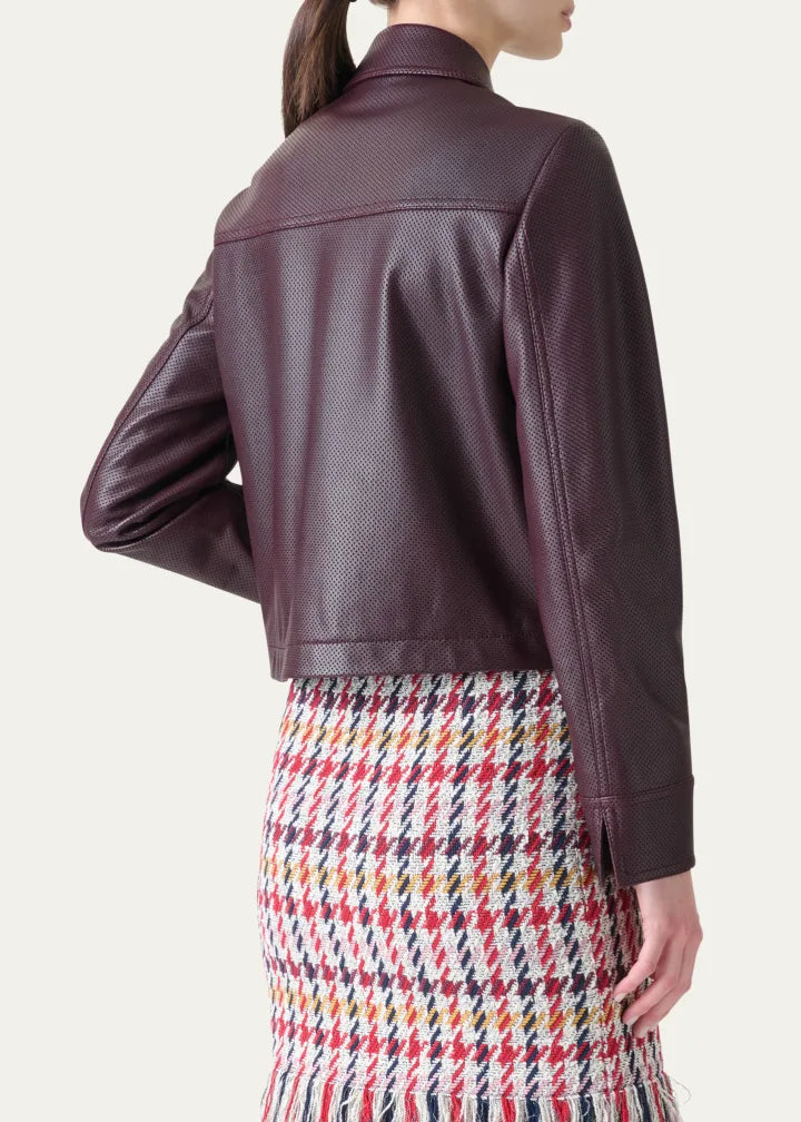Zip-Front Perforated Leather Jacket