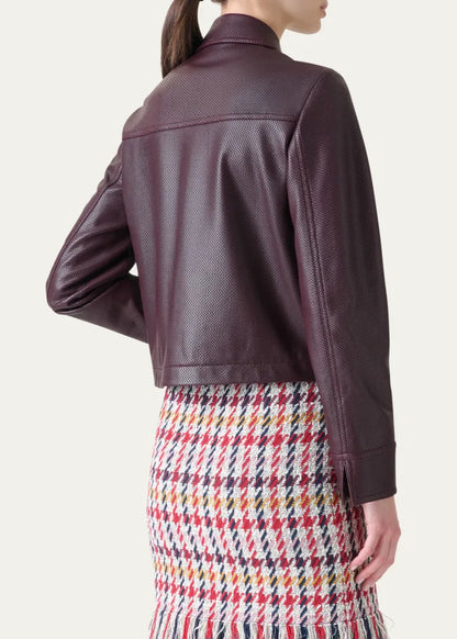 Zip-Front Perforated Leather Jacket