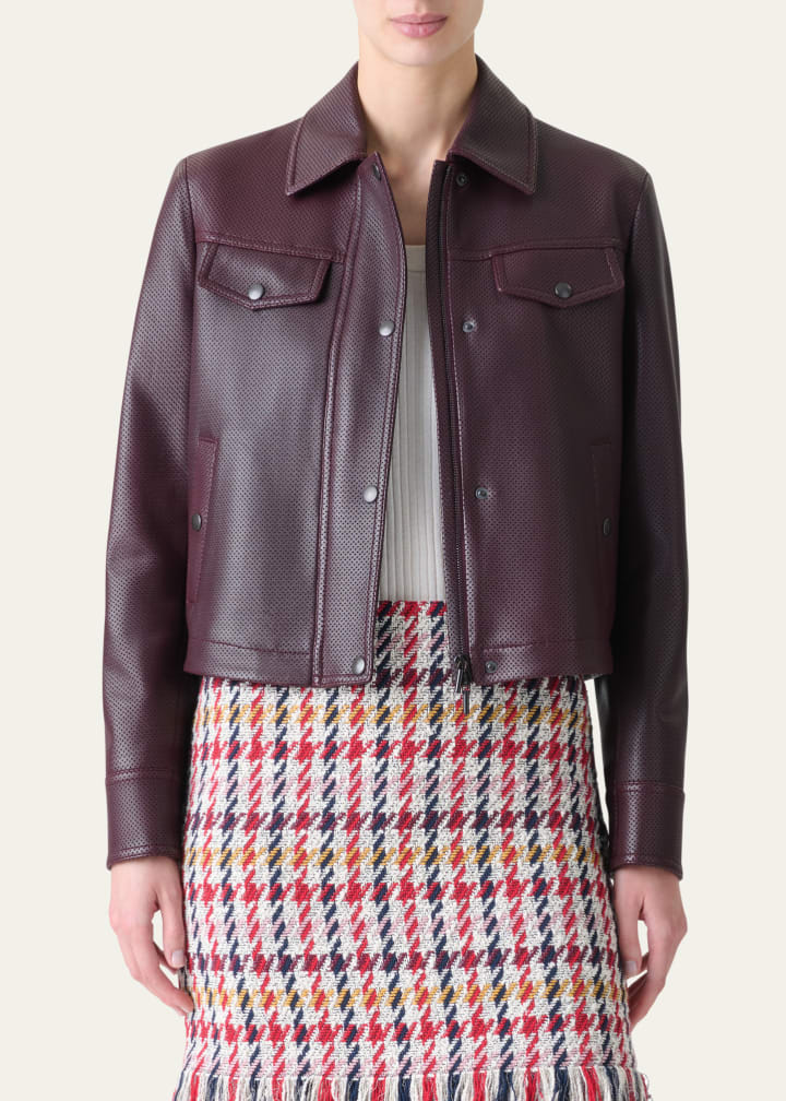 Zip-Front Perforated Leather Jacket