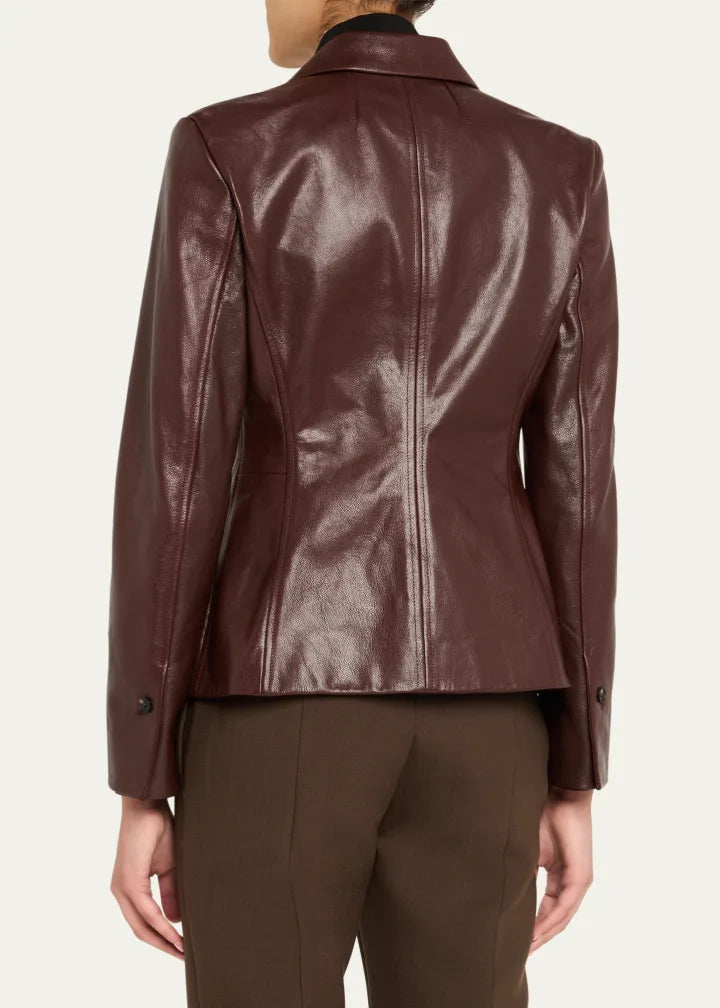 Shiny Leather Single-Breasted Blazer Jacket