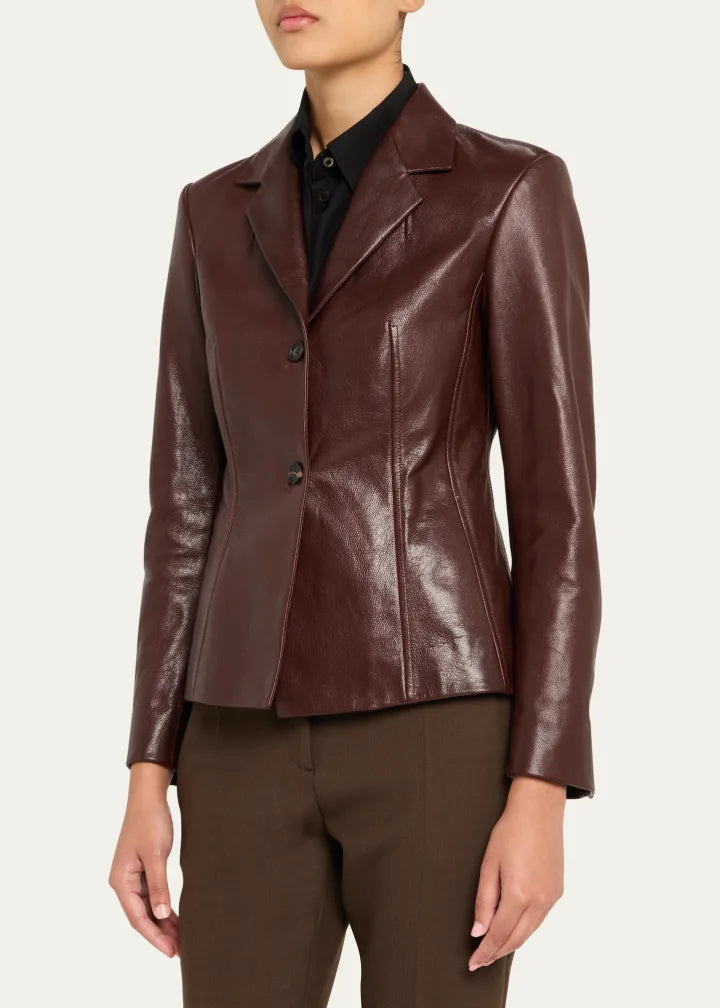 Shiny Leather Single-Breasted Blazer Jacket