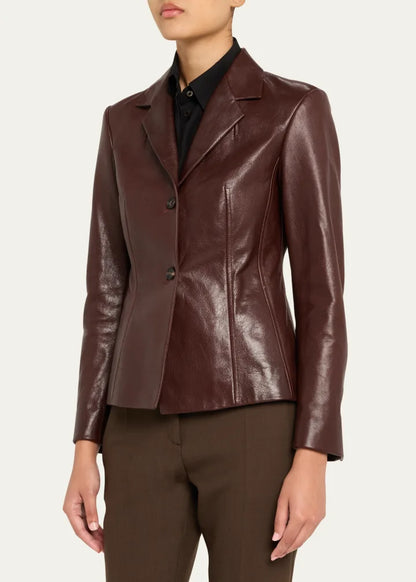 Shiny Leather Single-Breasted Blazer Jacket