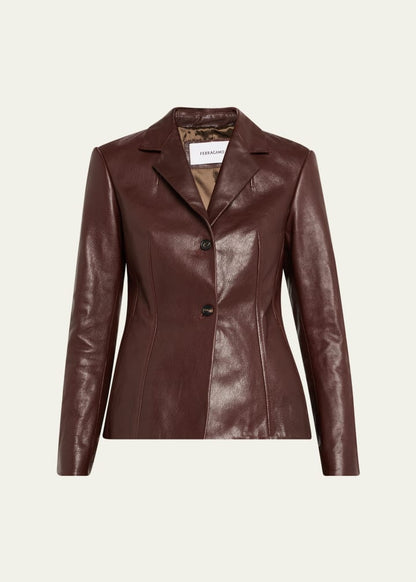 Shiny Leather Single-Breasted Blazer Jacket