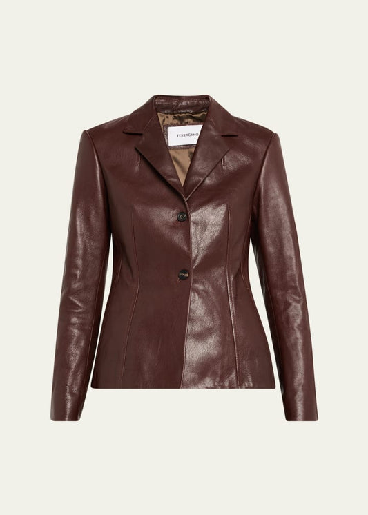 Shiny Leather Single-Breasted Blazer Jacket