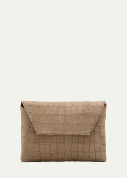 Duo Mini Croc-Embossed Suede Pouchette Clutch Bag