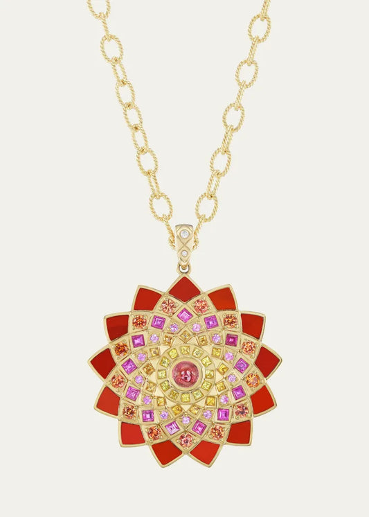 Gold Temple Inlay Mandala Pendant with Diamonds and Gemstones