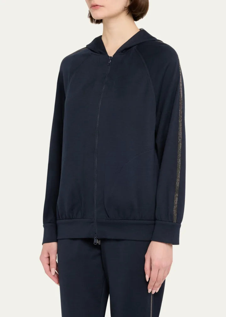 Monili-Trim Cotton-Silk Zip Hoodie