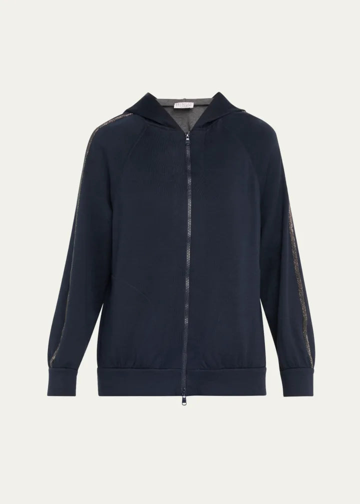 Monili-Trim Cotton-Silk Zip Hoodie