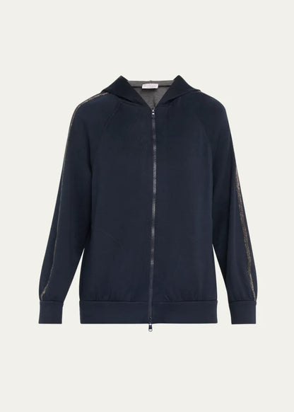 Monili-Trim Cotton-Silk Zip Hoodie