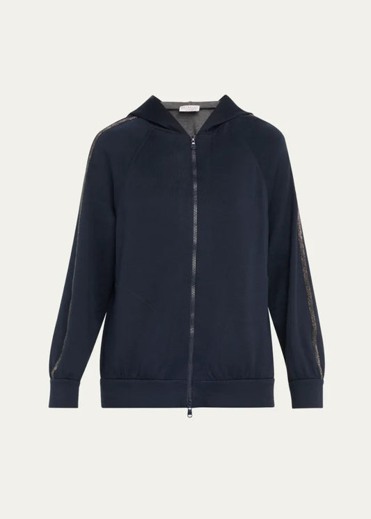 Monili-Trim Cotton-Silk Zip Hoodie