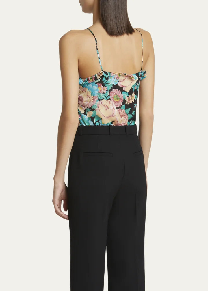 Floral Ruched Ruffle-Trim Silk Tank Top