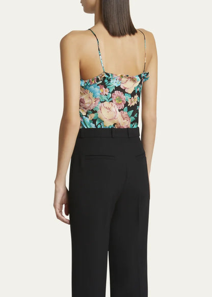 Floral Ruched Ruffle-Trim Silk Tank Top