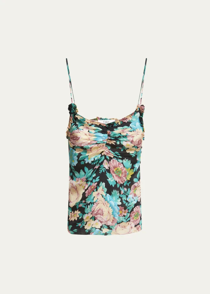 Floral Ruched Ruffle-Trim Silk Tank Top