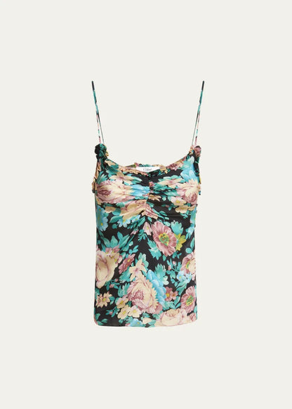 Floral Ruched Ruffle-Trim Silk Tank Top