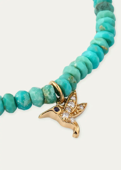 Tiny Hummingbird Diamond Charm and Arizona Turquoise Bead Bracelet