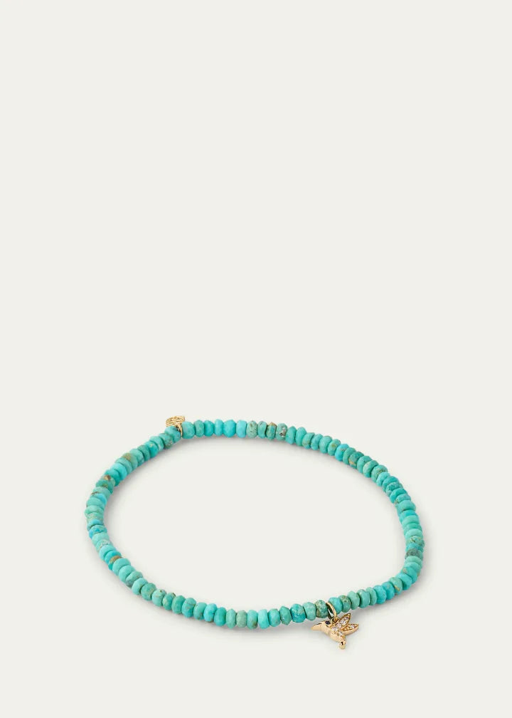 Tiny Hummingbird Diamond Charm and Arizona Turquoise Bead Bracelet
