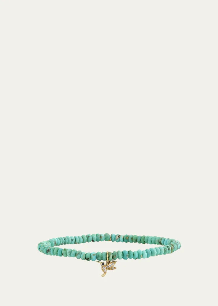 Tiny Hummingbird Diamond Charm and Arizona Turquoise Bead Bracelet