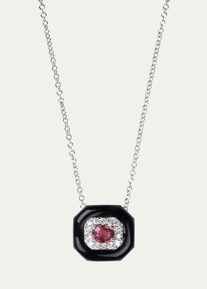Ruby Pendant Necklace with White Diamonds and Black Enamel