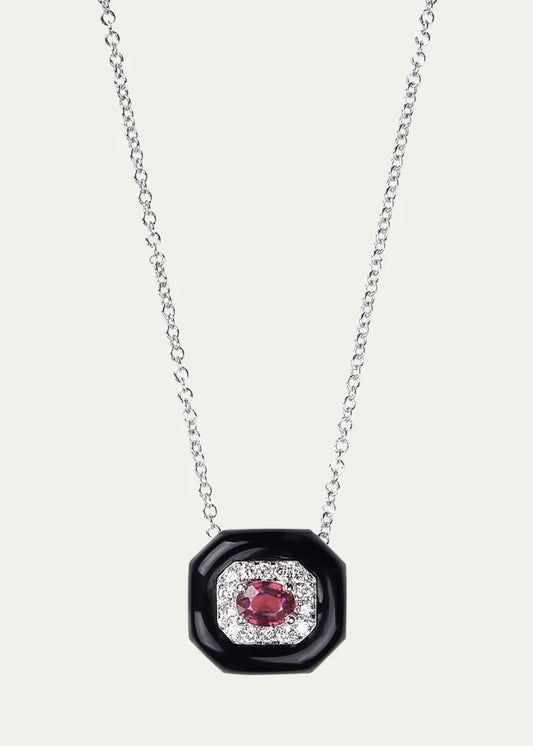 Ruby Pendant Necklace with White Diamonds and Black Enamel
