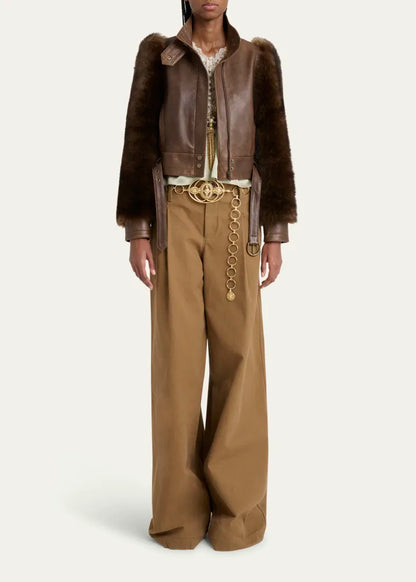 Faux Fur Sleeves Leather Bomber Jacket