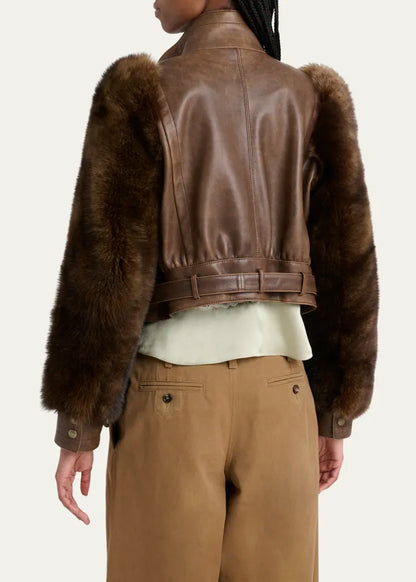 Faux Fur Sleeves Leather Bomber Jacket