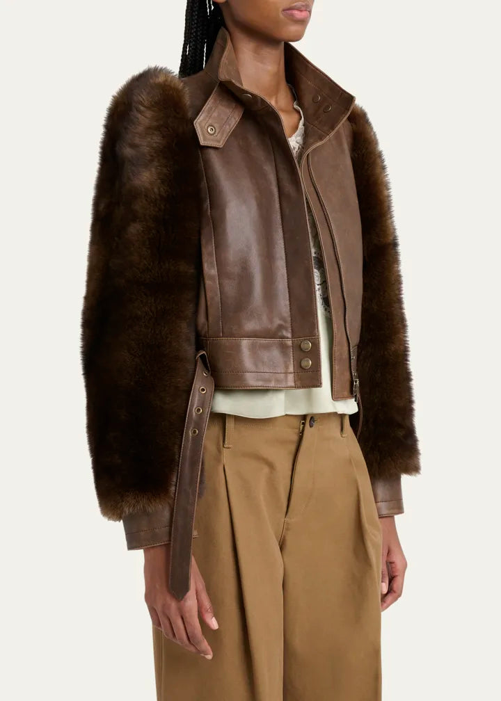 Faux Fur Sleeves Leather Bomber Jacket