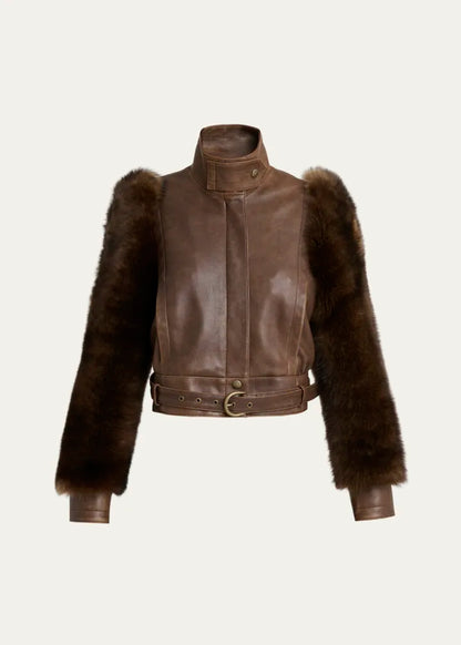 Faux Fur Sleeves Leather Bomber Jacket