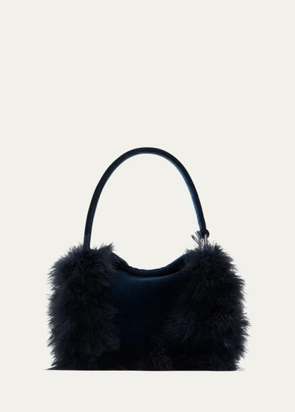 Anna Mini Feather-Trim Velvet Hobo Bag