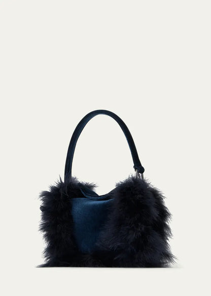 Anna Mini Feather-Trim Velvet Hobo Bag