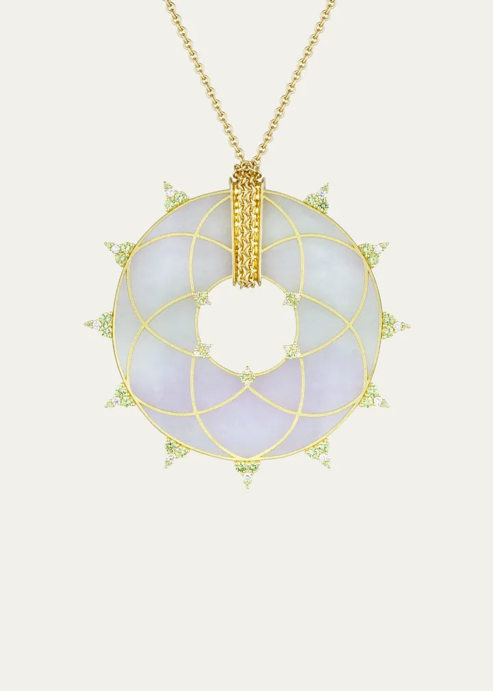 Gold White Diamond, Demantoid Garnet and Lavender Jade Disc Necklace
