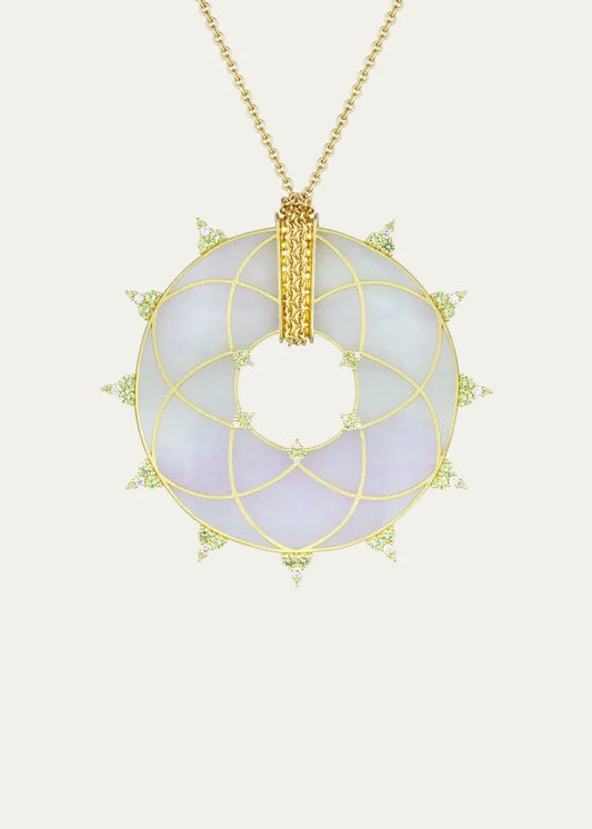 Gold White Diamond, Demantoid Garnet and Lavender Jade Disc Necklace