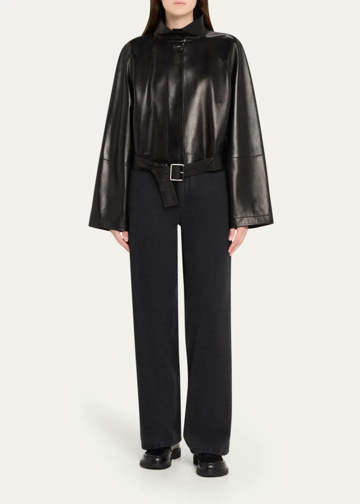 High-Neck Leather Belted Crop Trench Jacket