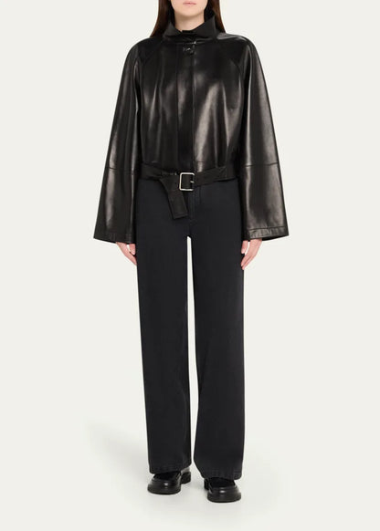 High-Neck Leather Belted Crop Trench Jacket