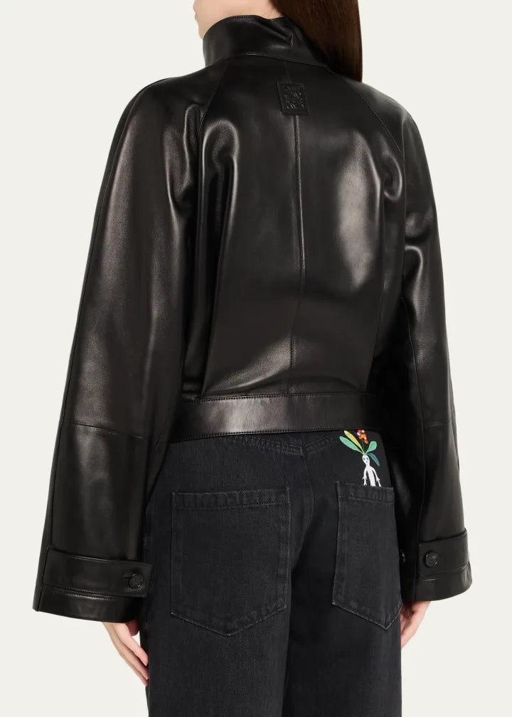 High-Neck Leather Belted Crop Trench Jacket