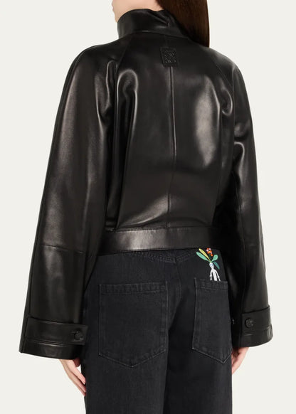 High-Neck Leather Belted Crop Trench Jacket