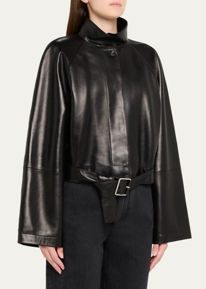 High-Neck Leather Belted Crop Trench Jacket
