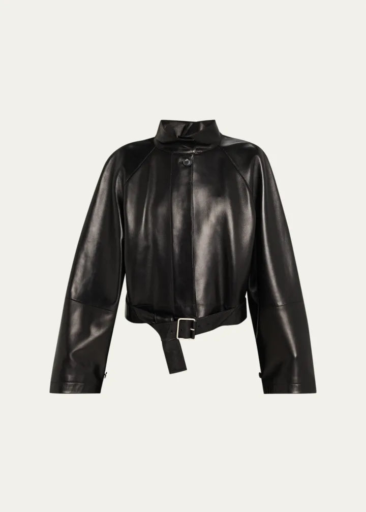 High-Neck Leather Belted Crop Trench Jacket