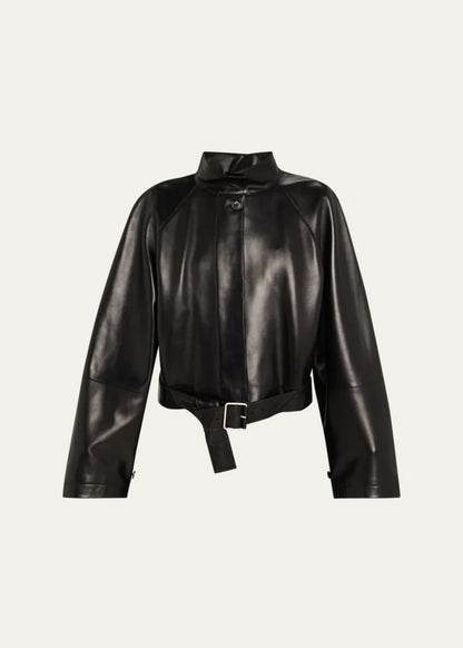 High-Neck Leather Belted Crop Trench Jacket
