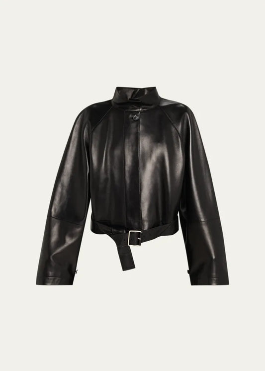High-Neck Leather Belted Crop Trench Jacket