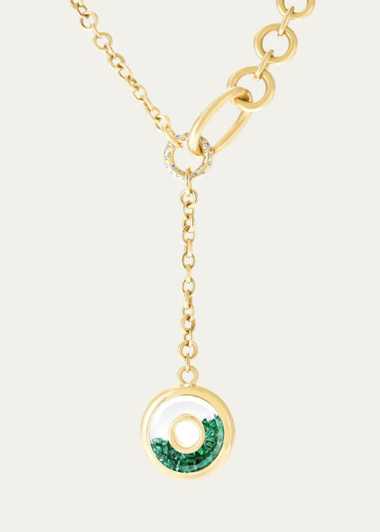 Gold Roda Lariat Necklace with Emeralds, Diamonds and Kaleidoscope Shaker