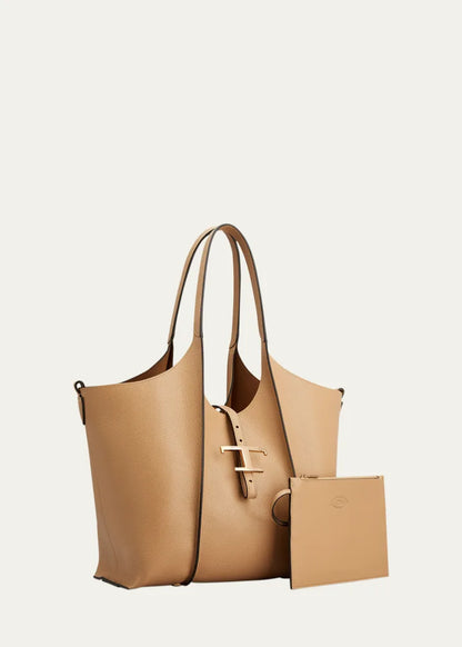 Ribbed Grain Leather Shopper Tote Bag