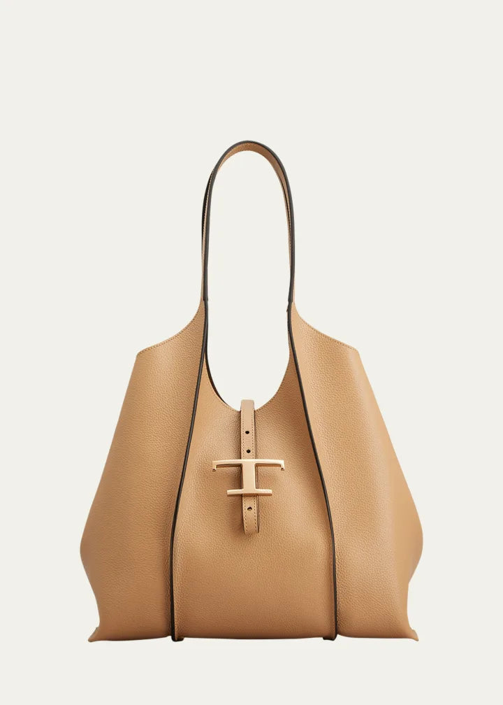 Ribbed Grain Leather Shopper Tote Bag