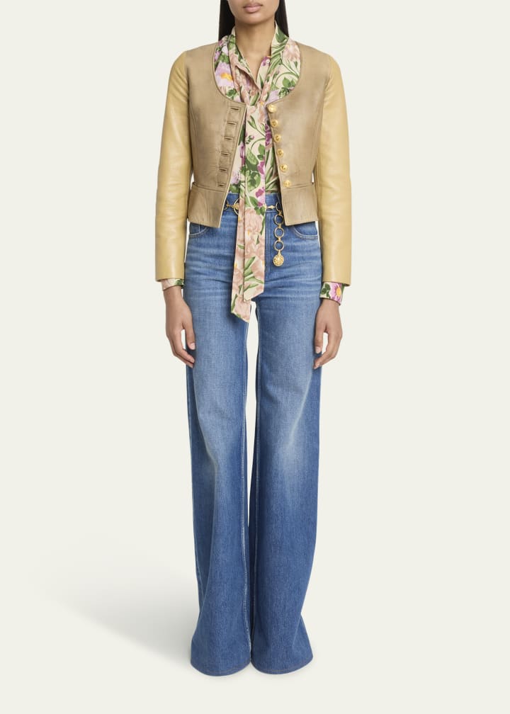 Scoop-Neck Leather Single-Breasted Jacket