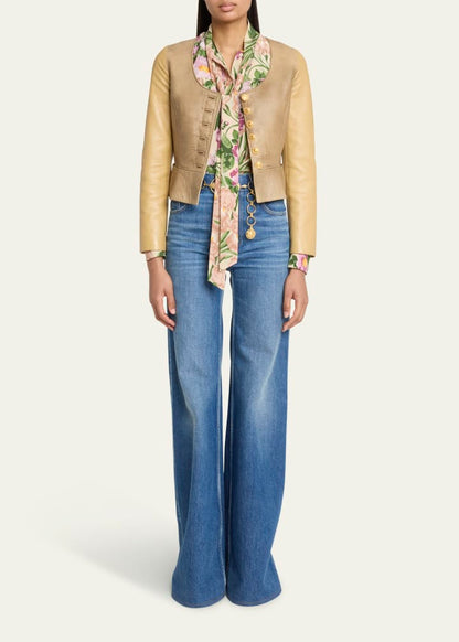 Scoop-Neck Leather Single-Breasted Jacket