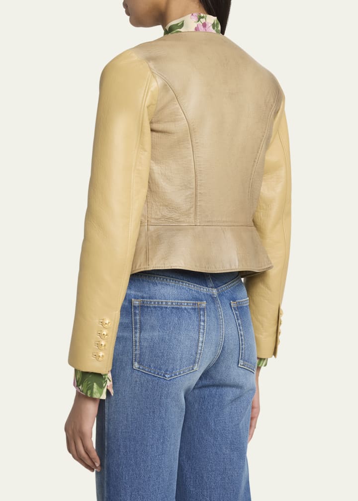 Scoop-Neck Leather Single-Breasted Jacket
