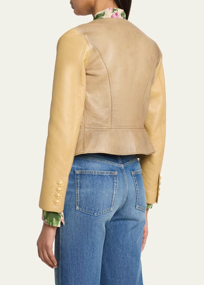 Scoop-Neck Leather Single-Breasted Jacket
