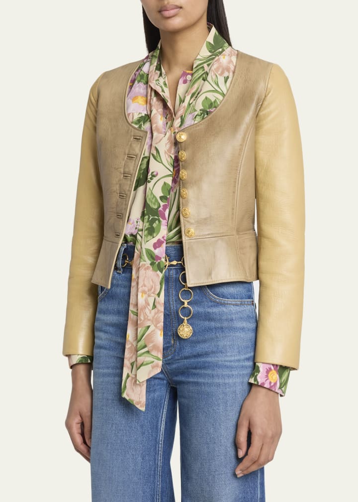 Scoop-Neck Leather Single-Breasted Jacket