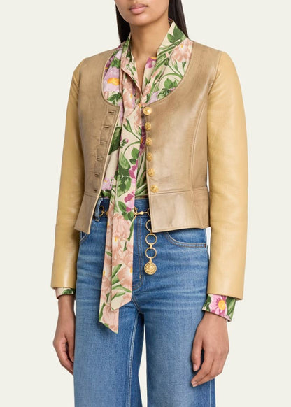 Scoop-Neck Leather Single-Breasted Jacket