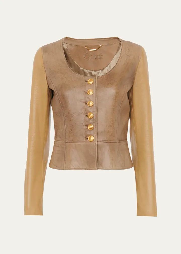 Scoop-Neck Leather Single-Breasted Jacket